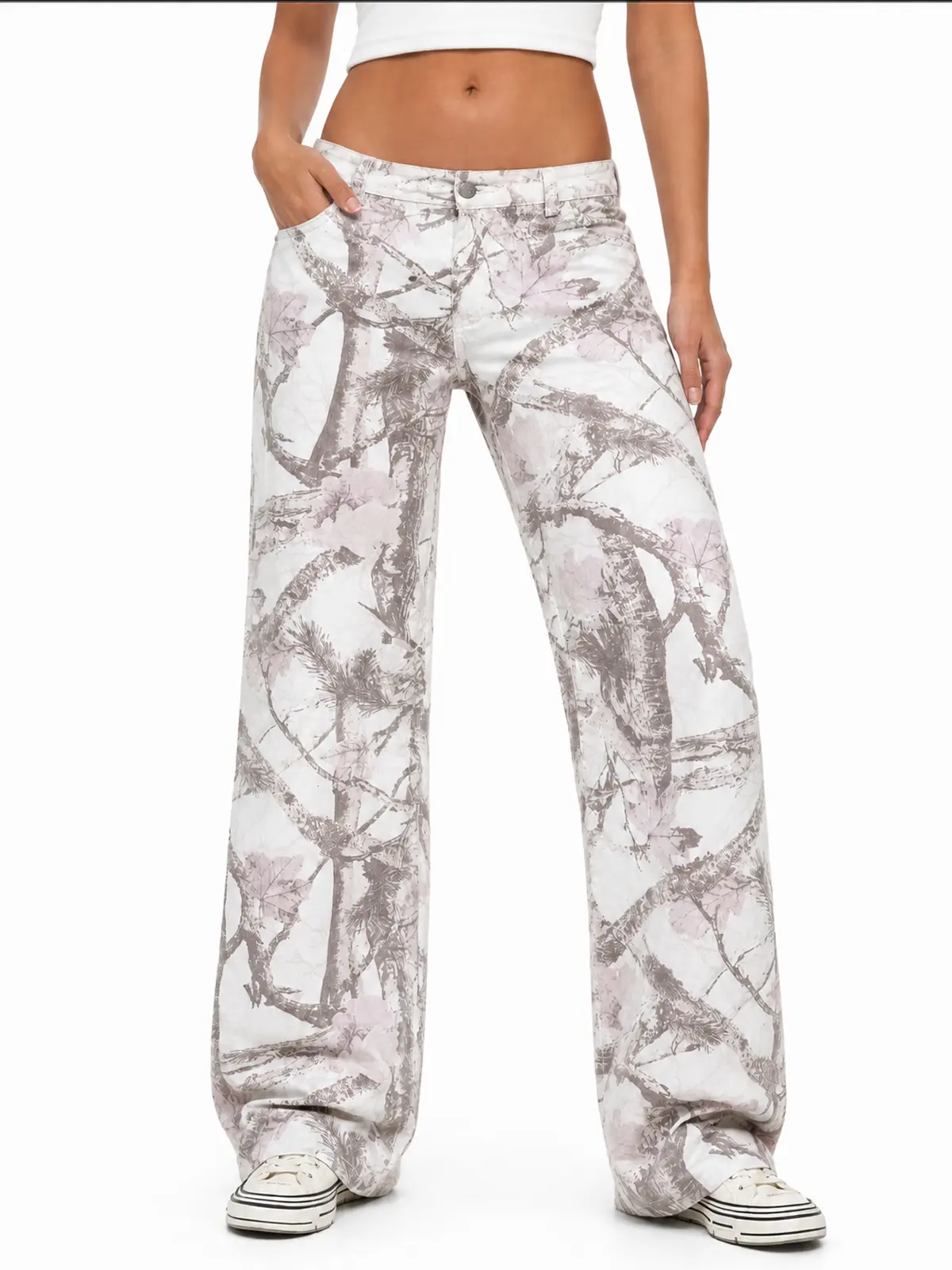 APUYO Women's Preppy Pink Camouflage Spandex Jeans - Low-Rise, Forest Print, Straight-Leg Stretchy Breathable Bottoms - Casual Outdoor Trouser for Day Wear, Parties
