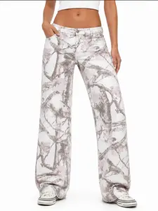 APUYO Women's Preppy Pink Camouflage Spandex Jeans - Low-Rise, Forest Print, Straight-Leg Stretchy Breathable Bottoms - Casual Outdoor Trouser for Day Wear, Parties
