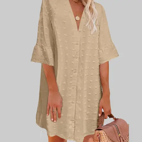 ZEAGOO Women's Oversized V-Neck Buttoned Breathable Polka Dots Beach Coverup - Casual Summer Vacation Swimwear Shirt Dress, Machine Washable (Sports & Outdoor Swimwear Surfwear Cover-Up)
