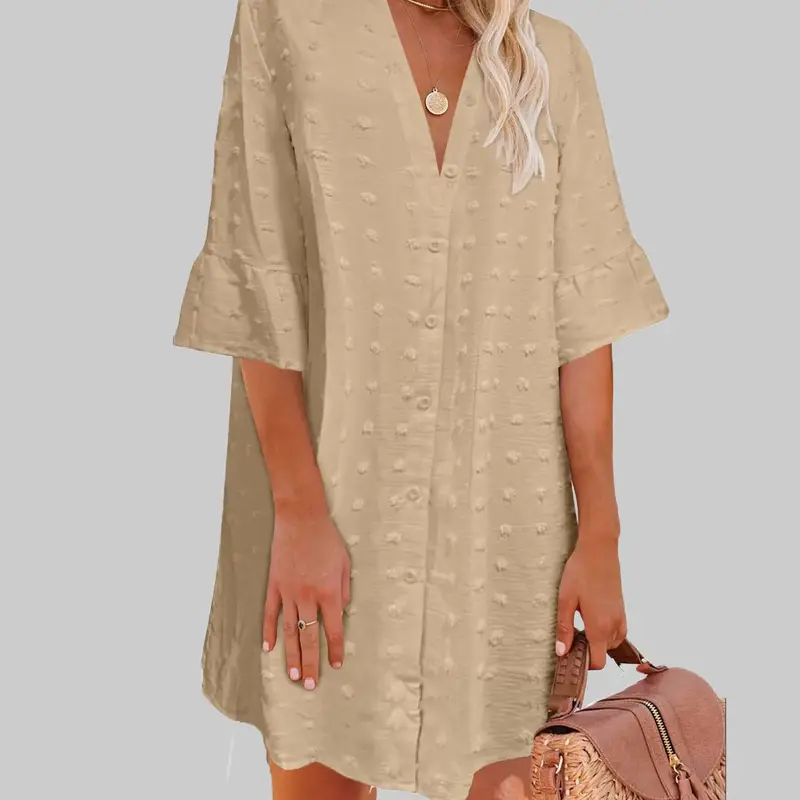 ZEAGOO Women's Oversized V-Neck Buttoned Breathable Polka Dots Beach Coverup - Casual Summer Vacation Swimwear Shirt Dress, Machine Washable (Sports & Outdoor Swimwear Surfwear Cover-Up)