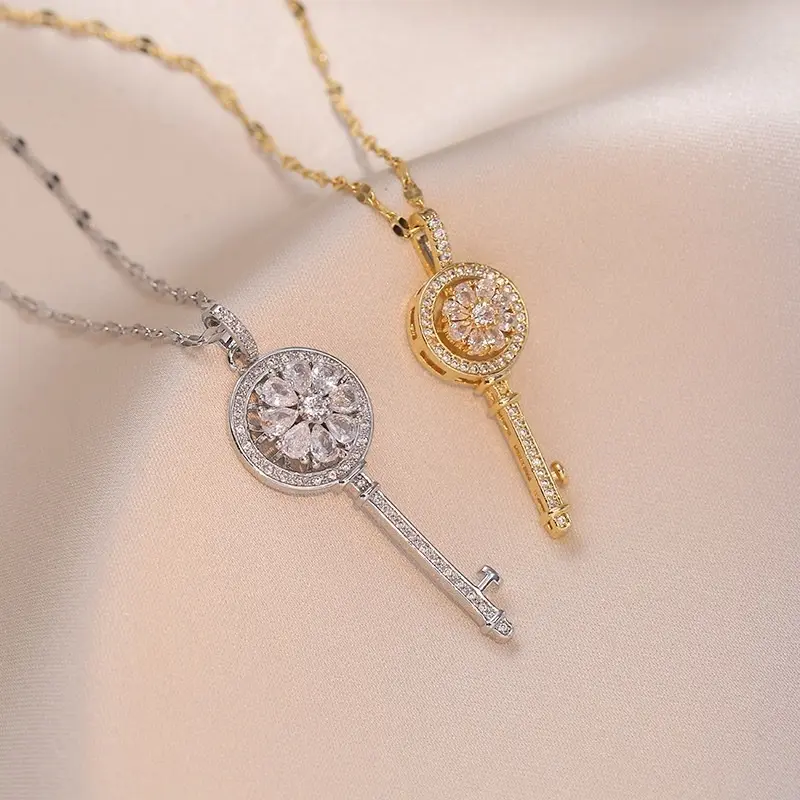 New 2026 Romantic Rotatable Crystal Key Pendants Necklaces For Women Daily Jewelry Trendy Clavicle Chain Necklace Fidget Spinner Collier Gift Fashion Accessories Creative