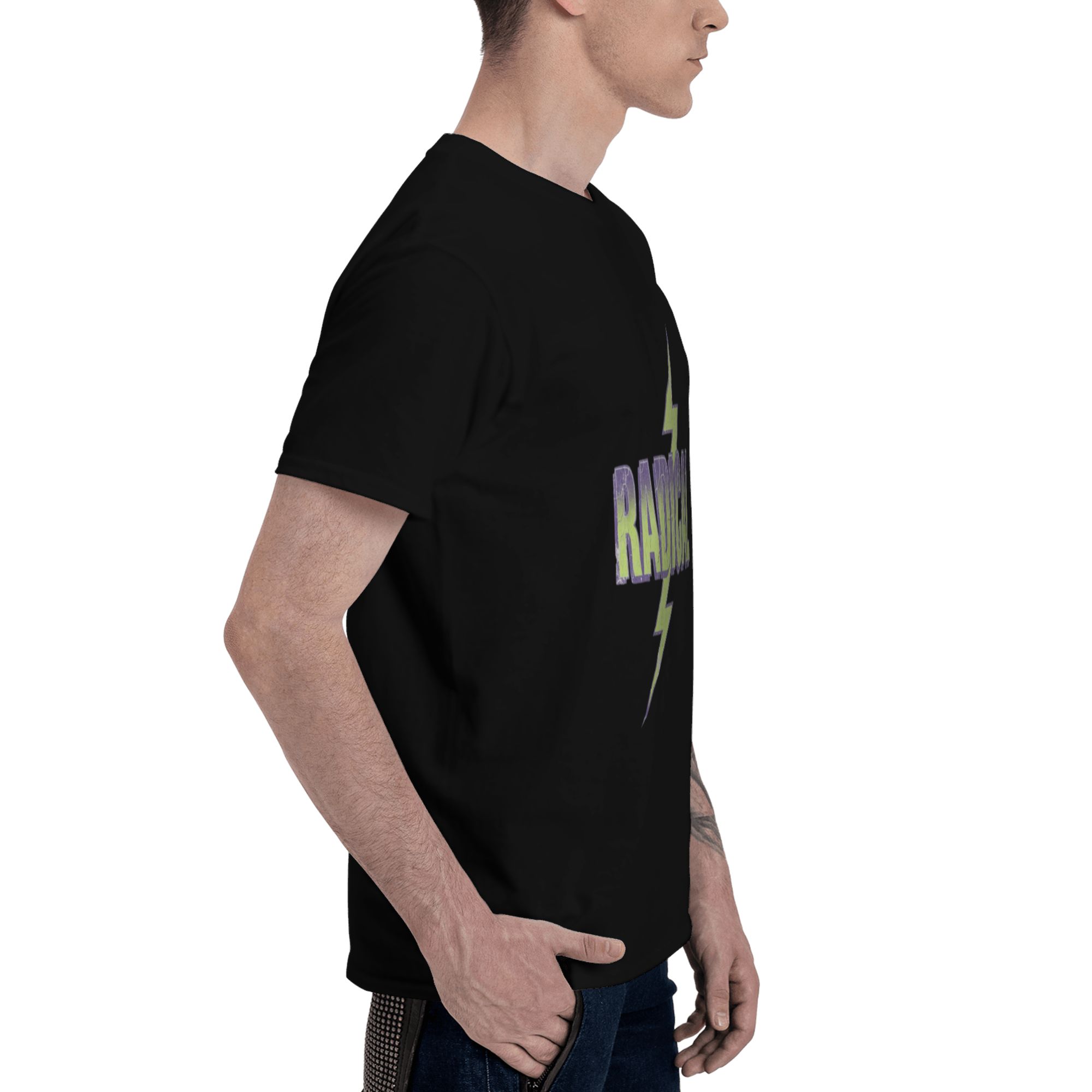 Retro 80s 90s Streetwear, Radical Bold Lettering, Neon Green Lightning Bolt, Purple And Lime Green Color Scheme, Cracked Distressed Texture, Halftone Print, Vintage Worn Effect, T-shirt Graphic Design        80s90sT-shirt AI？ ？ tshirt