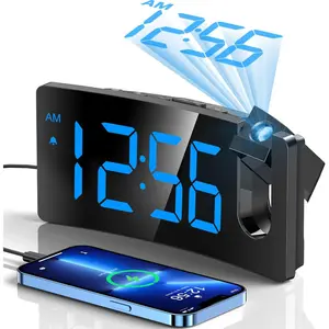 Projection Alarm Clock, Digital Clock with 180°   Rotatable Projector, 3-Level Brightness Dimmer, Clear LED Display, USB Charger, Progressive Volume, 9mins Snooze,12/24H, for Bedroom