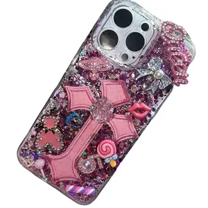 Pink Junk Case with Sparkly Design and Decorative Elements for iPhone 14 Pro Max Girly Fashion Accessory