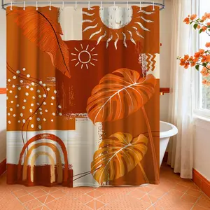 Burnt Orange Mid Century Modern Shower Curtain Bohemian Abstract Leaf Shower Curtains for Bathroom Decor Sets, Waterproof Cloth Fabric with Hooks, 70x72 Inch