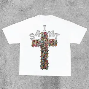 Vintage Saint Cross Graphics Printed Cotton T-Shirt Y2K Graphic Tees Vintage Graphic Tees Soft Top 0704D 818