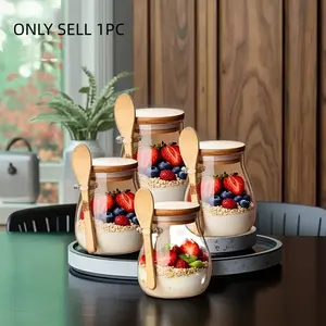 11.96oz Glass Cup Set, Overnight Oatmeal Bowl, Mason Jar Salad Container, Prep Bowl with Lid Spoon, Ideal for Chia Seeds, Pudding, Yogurt