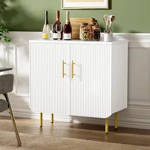 Vabches Fluted Natural Cabinet, 2 Doors Modern Storage Cabinet, Sideboard Buffet Cabinet with Adjustable Shelves and Metal Leg, Accent Cabinet for Living Room, Kitchen, Entryway