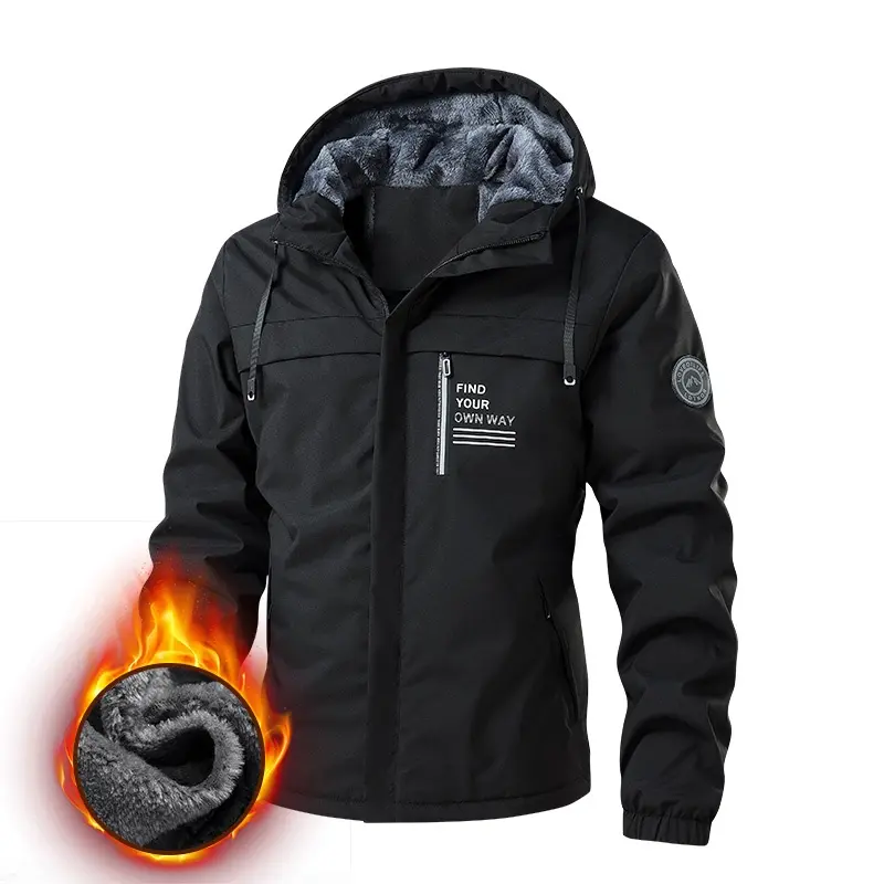 Men’s Autumn-Winter Thick Insulated Solid Fleece Coat - Menswear Tops, Windproof Hooded, Soft Material, Casual Stylish Versatile Jacket