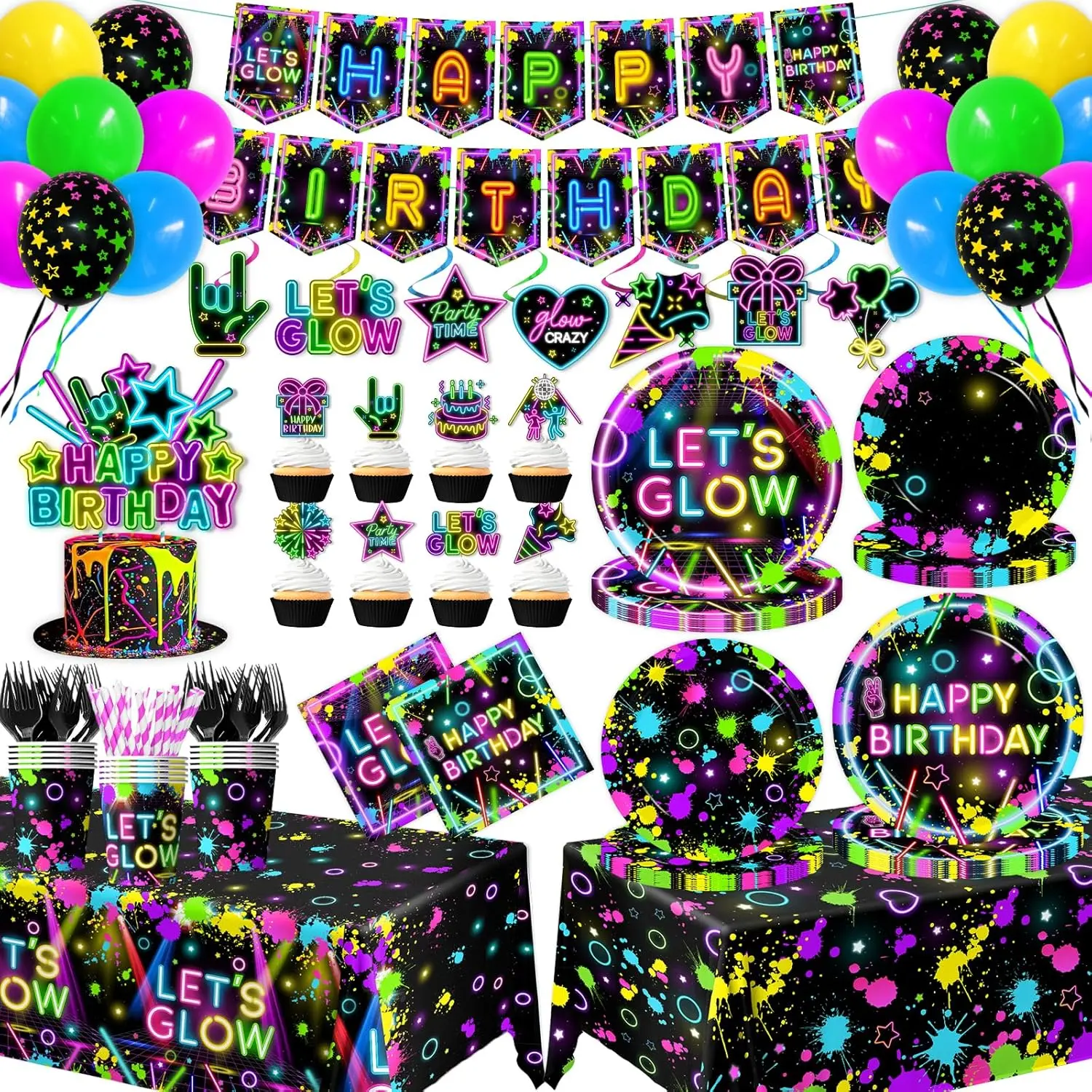 Neon Party Supplies Serves 24,Glow in The Dark Themed Tableware Including Plates,Napkins,Banner,Tablecloths Neon Birthday Party Decorations for Let's Glow  Shower Birthday Favors