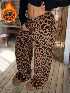 Women's Fluffy Leopard Print Pants Low Waisted Elastic Drawstring Long Baggy Pant Casual Cheetah Print Palazzo Pants Outfit Cozy Wide Leg Loose Trousers Casual Chic Bottoms