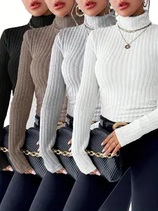 Women's Fall Winter 4-Piece Solid Color Ribbed High Neck Knit Slim Fit Long Sleeve T-Shirt Set, Casual Fashion Commute Wear Knitted Tops Knit Pullover Tops