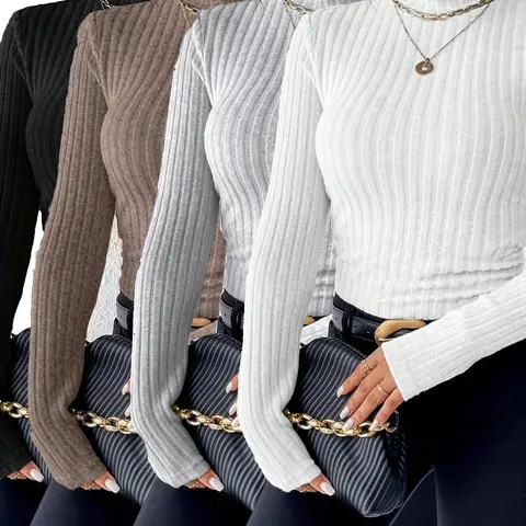 Women's Fall Winter 4-Piece Solid Color Ribbed High Neck Knit Slim Fit Long Sleeve T-Shirt Set, Casual Fashion Commute Wear Knitted Tops Knit Pullover Tops Knitwear
