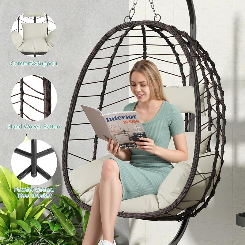 Hanging Egg Chair with Stand – Handwoven Rattan Patio Swing with Cushion, 350lb Capacity – Indoor/Outdoor Chic for Patio, Garden & Poolside