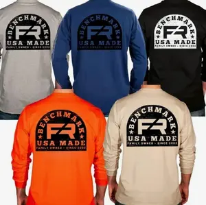 Benchmark Wood Stamp Flame Resistant Long Sleeve Shirt, Men's Graphic Workwear T-Shirt, Long Sleeve Tee clothing IJN MXH