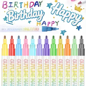 12-Color Double Line Metallic Outline Markers Set – Shimming Effect Gel Markers for Graffiti, Drawing & Marking, Suitable for School & Home Art, DIY Crafts, Card Coloring & Birthday Gifts