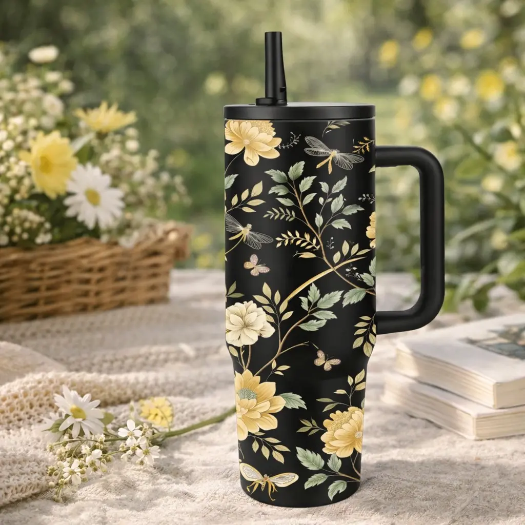 1pc 40oz Vintage Floral Stainless Steel Tumbler with Handle & Straw, Vacuum Tumbler, Insulated Water Bottle for Women, Travel Mug, Large Capacity Leakproof Cup, Fits Car Cup Holder, Keeps Cold 24H Hot 12H, Gift for Mom Wife Girlfriend Sister