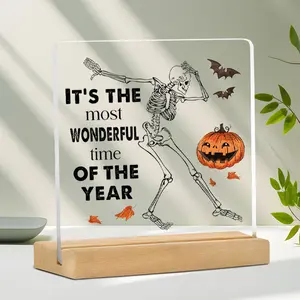 Acrylic Halloween Pumpkin Skull Decoration, Fall Seasonal Home Office Desk Decor, Fun Spooky Skeleton Sign for Bedroom Table Display