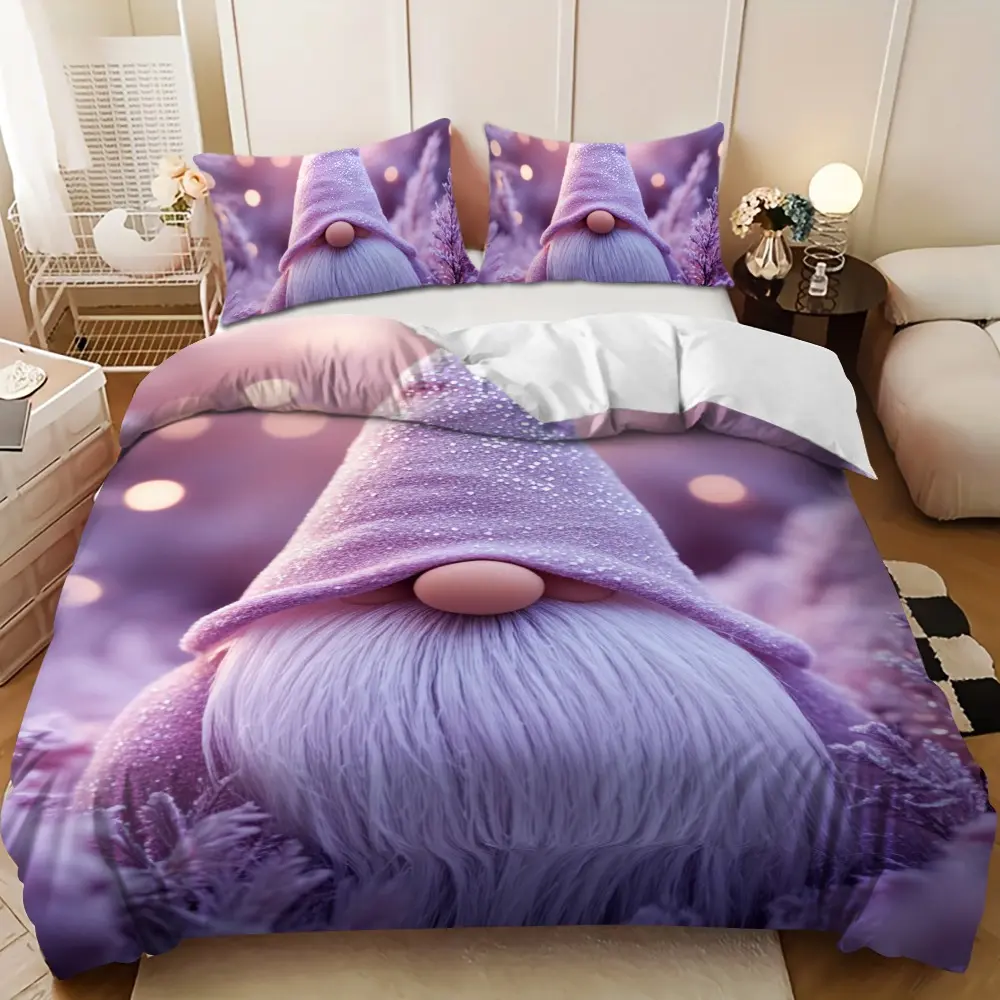 Bedding 3-piece set - 3PCS Pink and purple dwarf elf design down comforter set (1 duvet cover + 2 pillowcases, filling not included) A perfect gift for family, soft and comfortable, suitable for family bedrooms.
