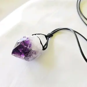 Amethyst Point Crystal Gemstone Necklace Custom Made Adjustable Length Purple Stone on Black Cord Jewelry