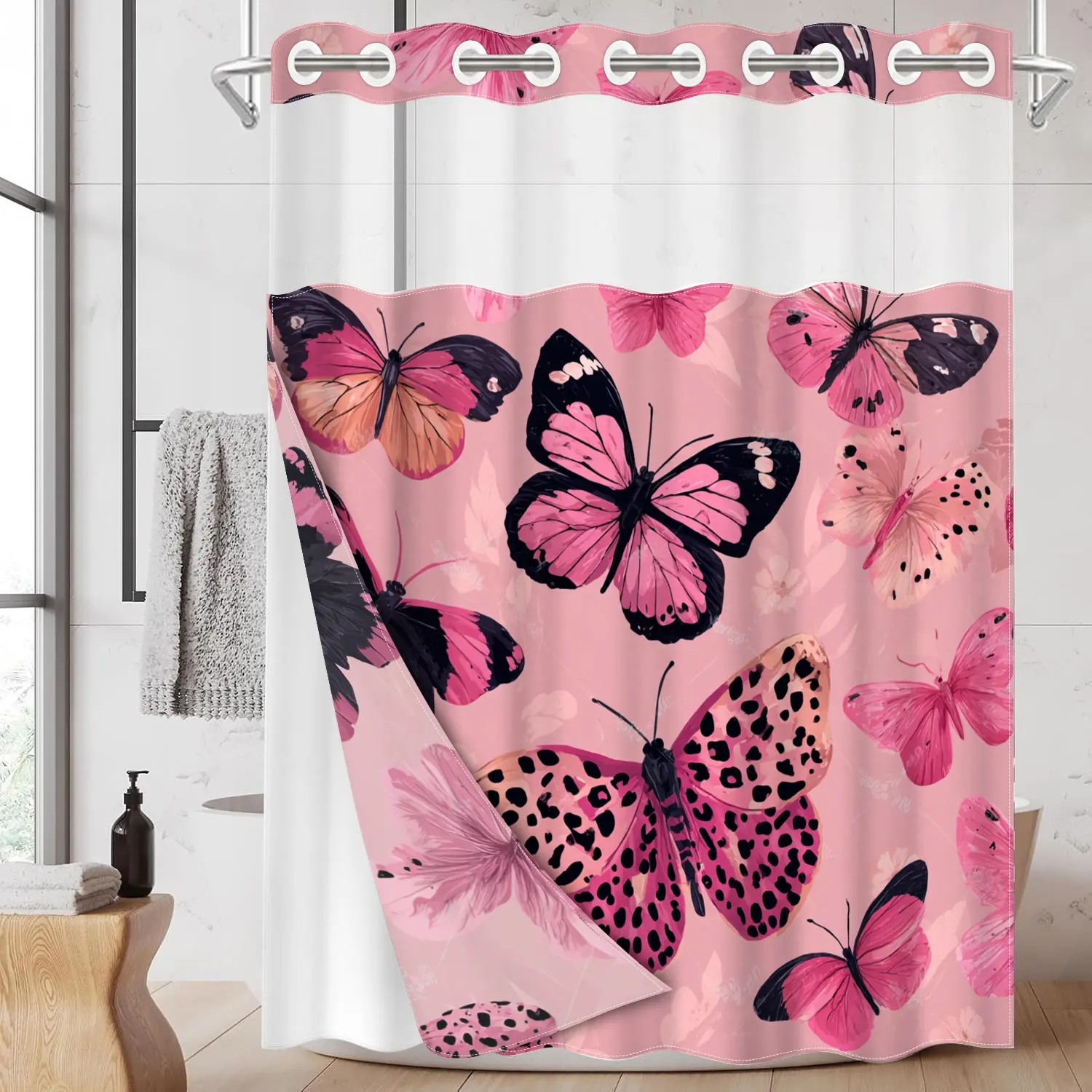 1pc hookless shower curtain with snap fastener, Printed shower curtain, 2D printing of pink butterfly pattern, fabric waterproof inner lining, with transparent window and double-layer design, 71 x 74 inches, home curtain decoration
