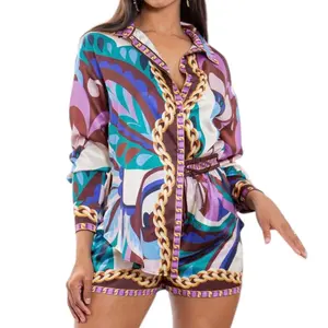 Button Down Satin Shorts Set - Purple Multi