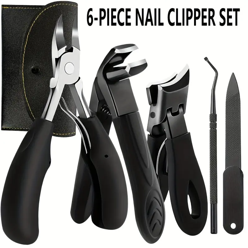 6PCS Heavy Duty Toenail Clippers Set for Thick Nails, Professional Wide Jaw Opening Nail Clippers Kit, Ingrown Podiatrist Toenail Tools with Leather Case