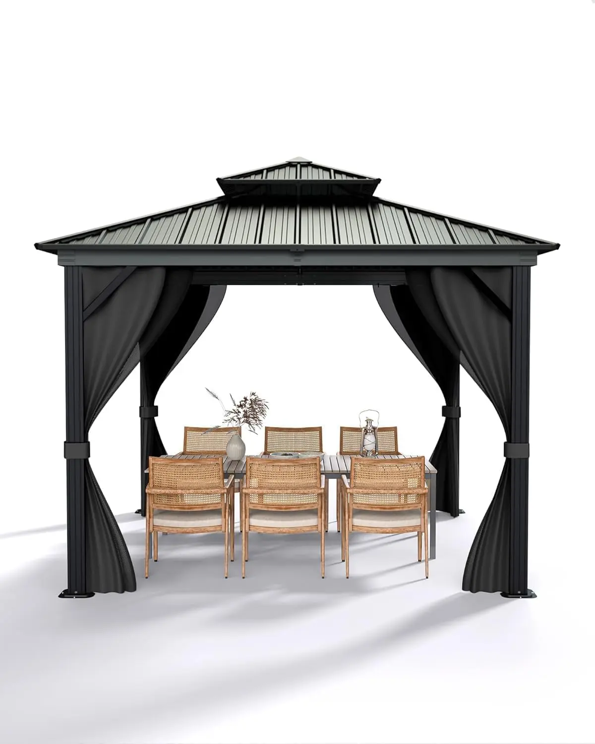 GAOMON 10'x10' Sturdy Hardtop Gazebo - Aluminum Frame Permanent Pavilion, Waterproof All-Weather Outdoor Canopy Shelter, Sun Protection Sunshade Canopy, Stable Heavy-Duty Poles, Patio Decor Set with Curtains, Netting, Double Metal Roof for Backyard Lawn