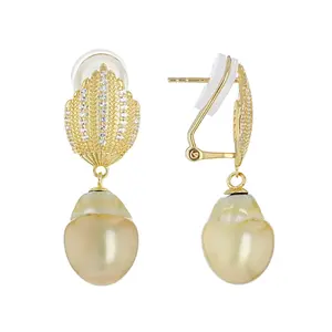 JTV Golden Cultured South Sea Pearl With White Topaz 18k Yellow Gold Over Sterling Silver Earrings