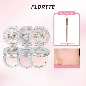 FLORTTE Glass Sea Limited Edition Color Brightening Powder Highlighter with Multi-Functional Blending Brush Set, Easy-Apply Silky Texture, Instant Glow, Universal Shade for Radiant Face Makeup