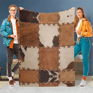 Comfortable Country Style Cowhide Print Flannel Blanket - Soft, Warm, Durable, Suitable for Sofa, Bed, Office, and Travel - Machine Washable, Brown and Beige Design with Black Trim, Multi-Functional Blanket |       Country Decorations |       Machine wash