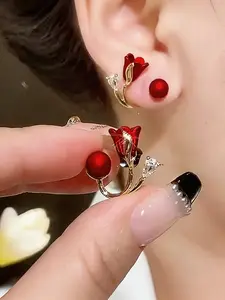 Women's Fashion Earrings Set, Simple Versatile Design, Elegant Tulip Rose Flower Elements, Daily Wear Jewelry Gift
