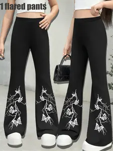 Girls' Casual Comfortable Butterfly Print Flare Pants, Boho Festival Trousers, High Waist Slim Fit, Elastic Waistband, All Seasons Wear, Outdoor Fashion