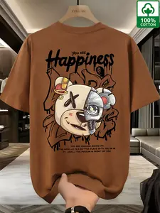 Men's 100% Cotton 'you Are Happiness' Cyberpunk Teddy Bear Graphic Tee, Slim-Fitting Long Sleeve Top, All-Season Wear