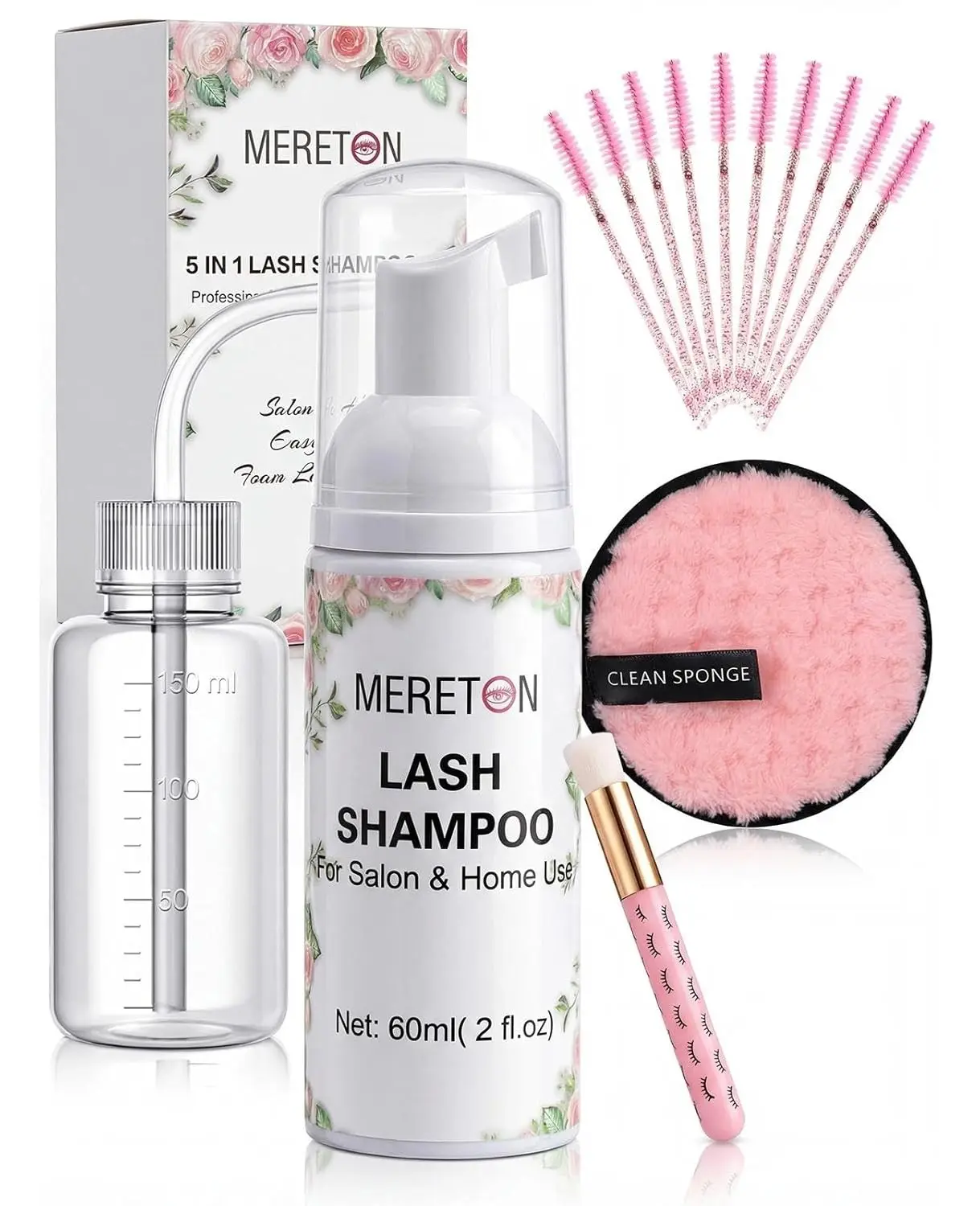 Lash Shampoo Kit for Lash Extensions, Eyelash Extension Cleanser Lash Cleaner Lash Cleaning Kit for Cluster Lashes Lash Bath with Makeup Pad+ Brush+Rinse Bottle, Oil Free Foam
