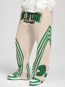 Men's Letter Print Striped Trim Pants, Regular Fit Casual Street Comfy Pants for Spring & Fall, Men's Trousers for Daily Wear