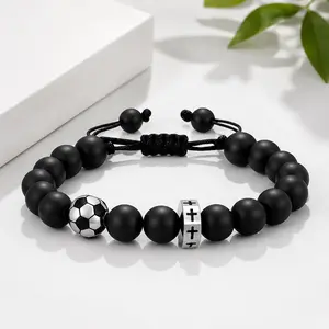 Black beaded bracelet with soccer charm & cross beads, sporty jewelry for soccer players and fans. Ideal gift for friends, sons, teammates and teenagers.