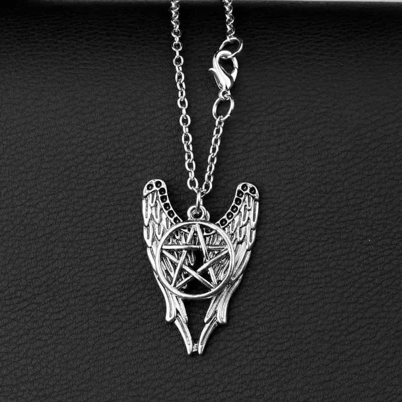 Retro Movie Supernatural Necklace Pentagram Pentacle Castiel Angel Wings Vintage Antique Silver Color Pendant Amulet Jewelry Me