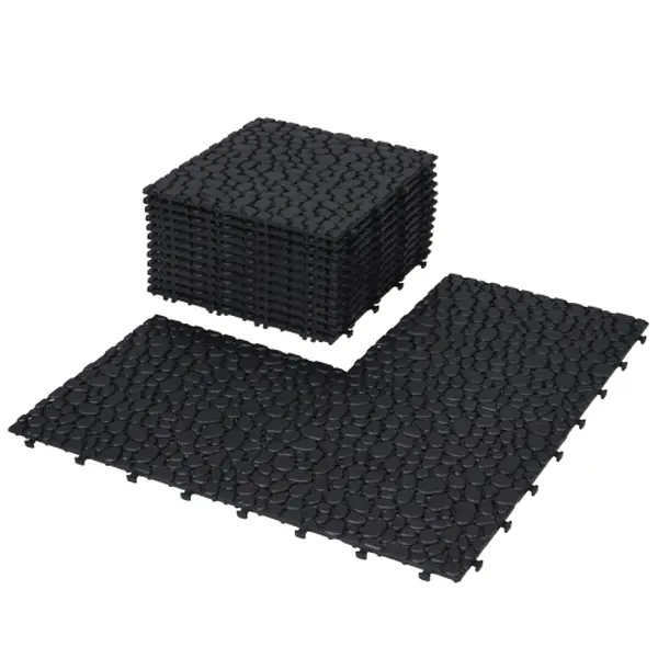 12-Pack Pebble Stone Interlocking Deck Tiles, 12x12 Inch Black Plastic Outdoor Flooring, Waterproof with Efficient Drainage for Patio, Backyard, Living Room, Balcony, Patio Tiles, Porch, 12X12 In.