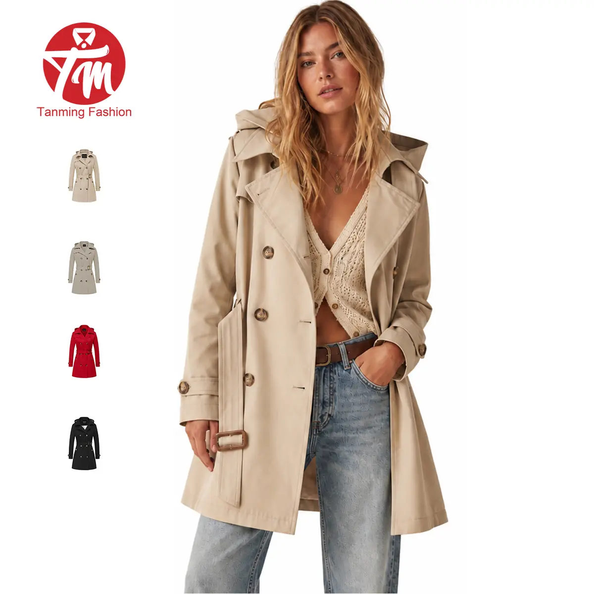 Tanming Women's Trench Coat Double-Breasted Classic Lapel Overcoat Belted Slim Outerwear Coat with Detachable Hood