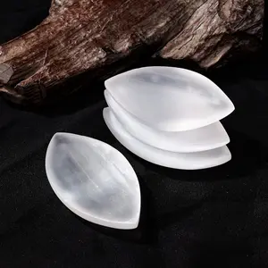 Natural Stone Sculpture, 1 Count White Selenite Leaf Bowl Shape Crafts, Witchcraft Crystal Carving, Energy Gem Summer Home Garden Decor