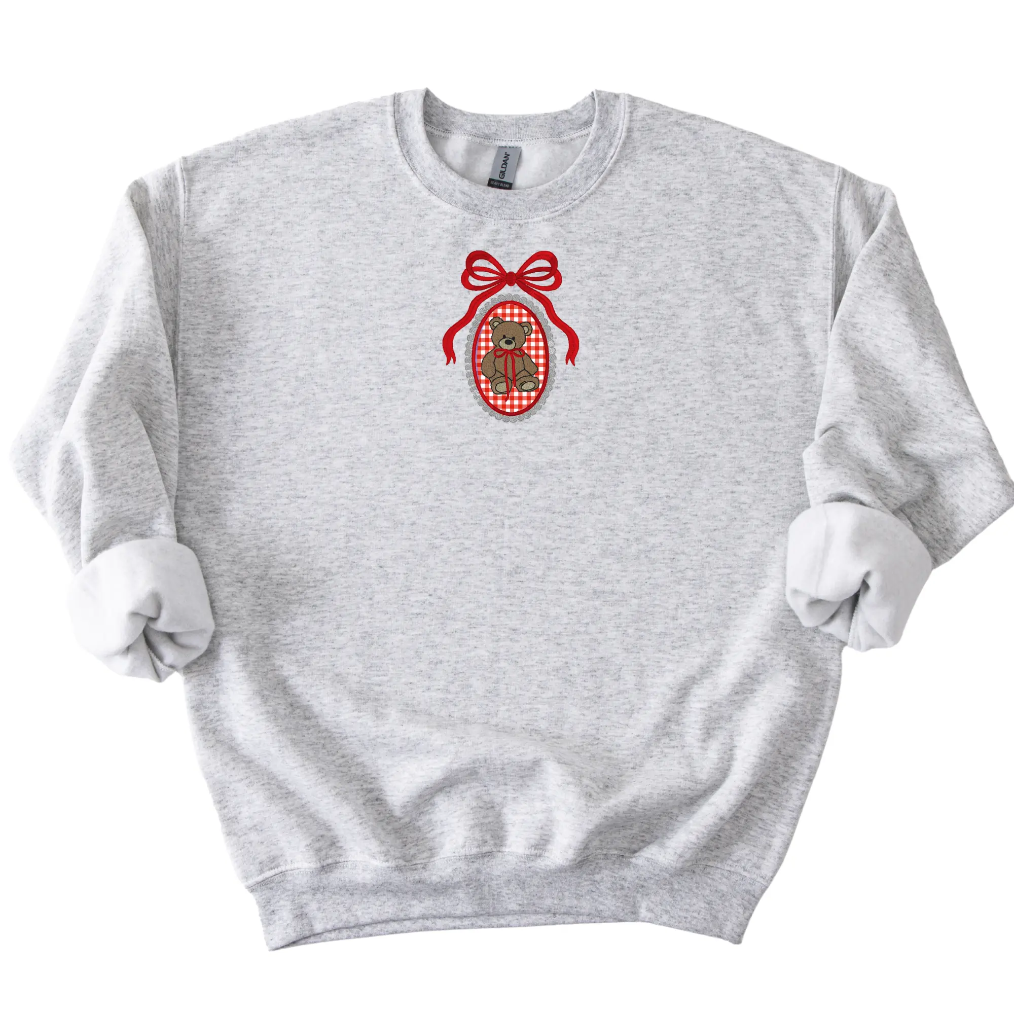 Embroidered Teddy Bear Sweatshirt, Coquette Gingham Teddy Bear