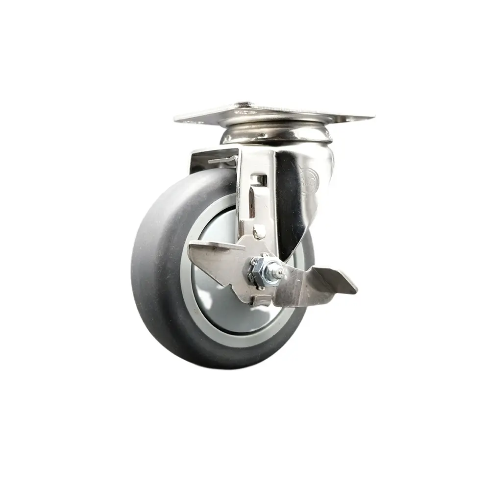 Service Caster SCC-SS31620S414-TPRB-TLB Thermoplastic Rubber Swivel Top Plate Caster with 4 in. Gray Caster Wheel & Top Lock Brake - 316 Stainless Steel Caster - 250 lbs Capacity per Caster