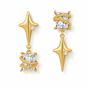 Asymmetric Gold Rhinestone Dangle Earrings for Women, Sparkly Crystal Star Earrings for Party