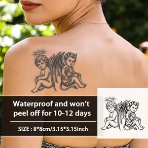 Angel Devil Back Temporary Tattoo Sticker, Waterproof Long-Lasting 7-15 Days, Semi-Permanent Herbal Tattoo, Realistic Non-Glossy for Men and Women