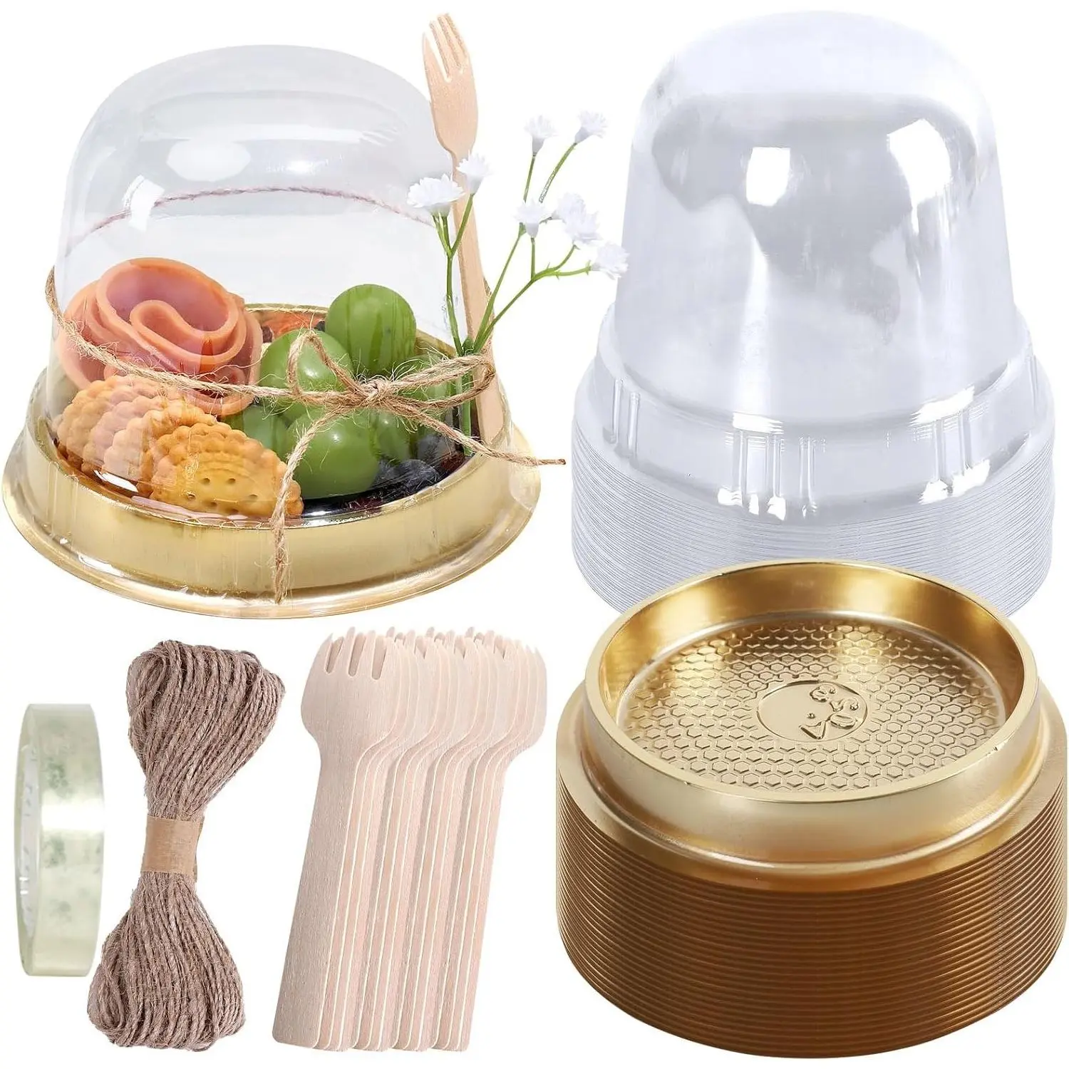 50 Sets Disposable Individual Charcuterie Cup Set,Clear Plastic Cupcake Container with Mini Wooden Spork Rope for Table Party Open Houses Gatherings Snack Presentation Catered Event Wedding Transparent Dome