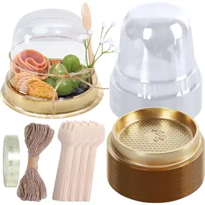 50 Sets of Disposable Individual Deli Cups, Transparent Plastic Cupcake Containers with Mini Wooden Forks, Spoons, and String, Suitable for Dining Tables, Parties, Open Days, Gatherings, Snack Displays, Catering Events, Weddings, Transparent Domes