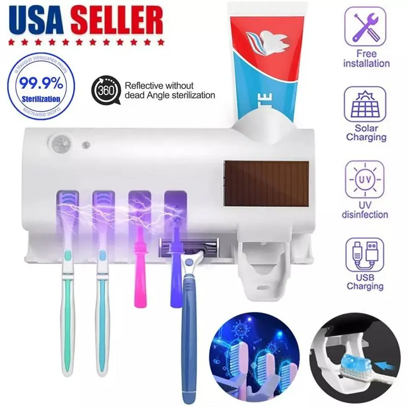 Bathroom UV Light Toothbrush Sterilizer Holder with Automatic Toothpaste Dispenser for 4 Toothbrushes, Wall-Mounted Solar Charging, 360° Sterilizing, 99.99% Sanitization Rate, Durable White ABS+PP, Compact for Families