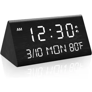 Wooden Digital  Clock, 0- Dimmer, 2  Settings, Weekday/Everyday Mode, 9 Mins Snooze, 12/24H, Temperature and Date Display for Office, Travel, Bedroom  Clock (Black)