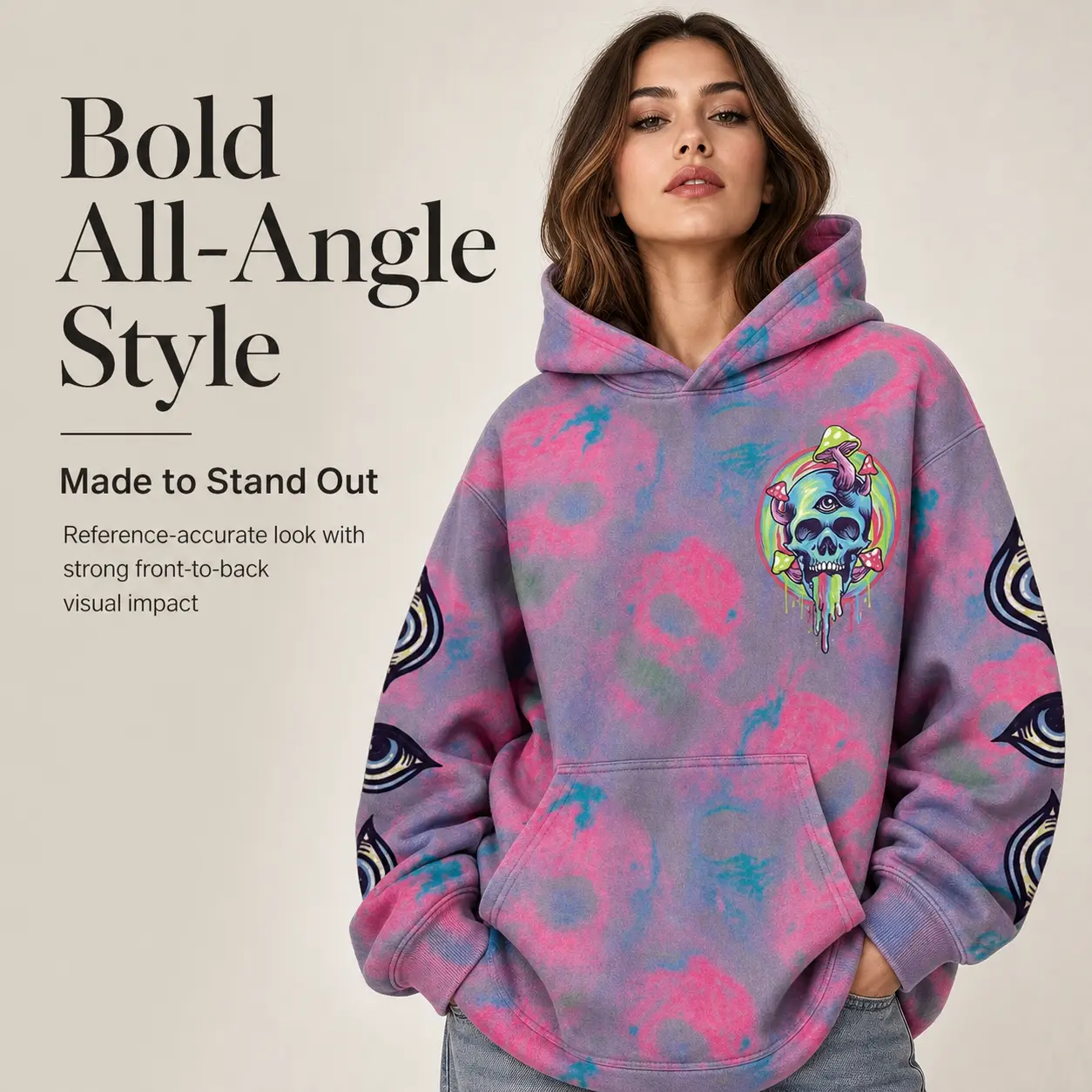 Women's Plus Size Retro Adjustable Long-Sleeve Oversized Cropped Hoodie - Tie Dye Psychedelic Mushroom Skull Graphic, Double-Sided Alt Street Sweatshirt, Front Kangaroo Pocket, Casual Tops, Longsleeves